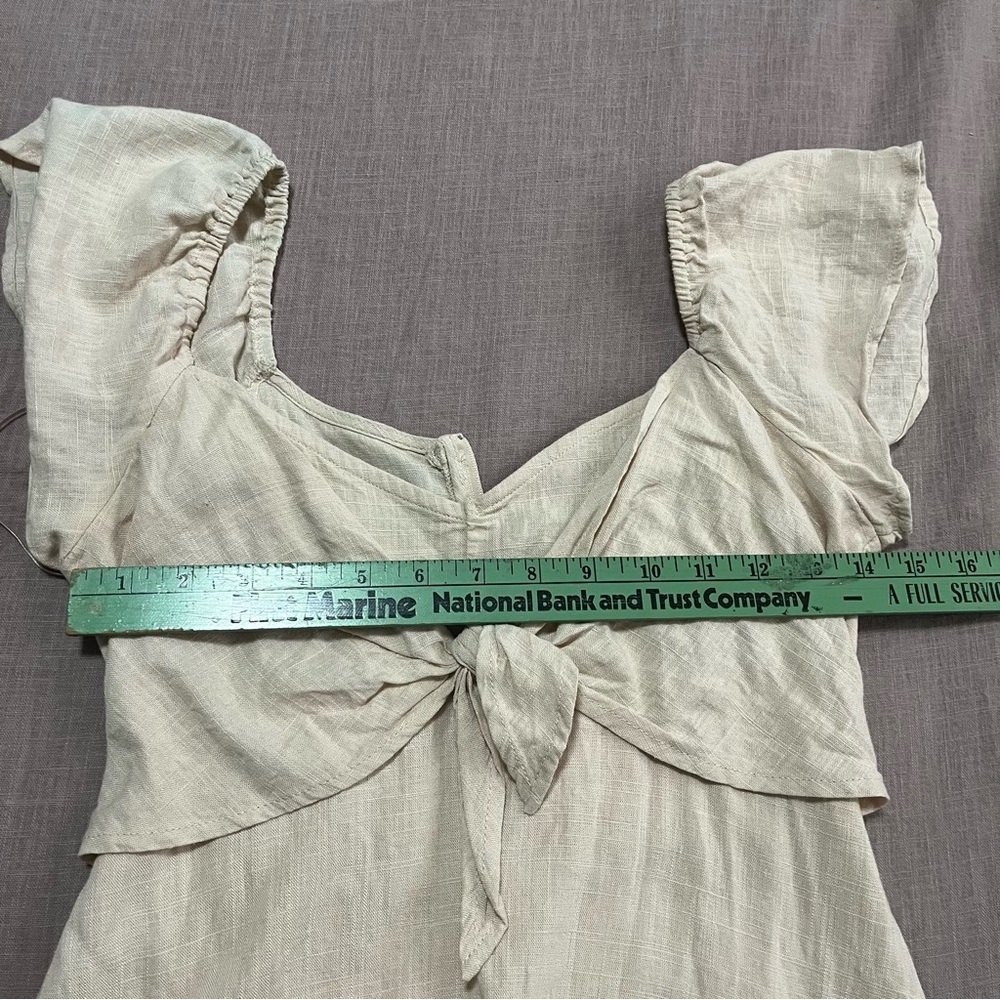 Tan Linen Mini Sun Dress Tie Front Ruffle Sleeves Line Size Small Spring Easter - Picture 10 of 10